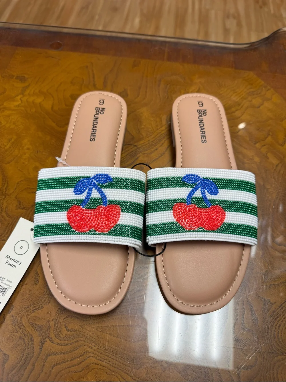 No Boundaries Pink Slide Sandals with Green Stripe and Red Cherry Embroidery